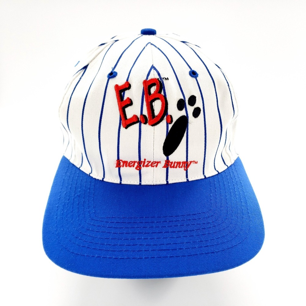 Vintage 1994 Energizer Bunny Snapback Hat White Blue Pinstripe Paw